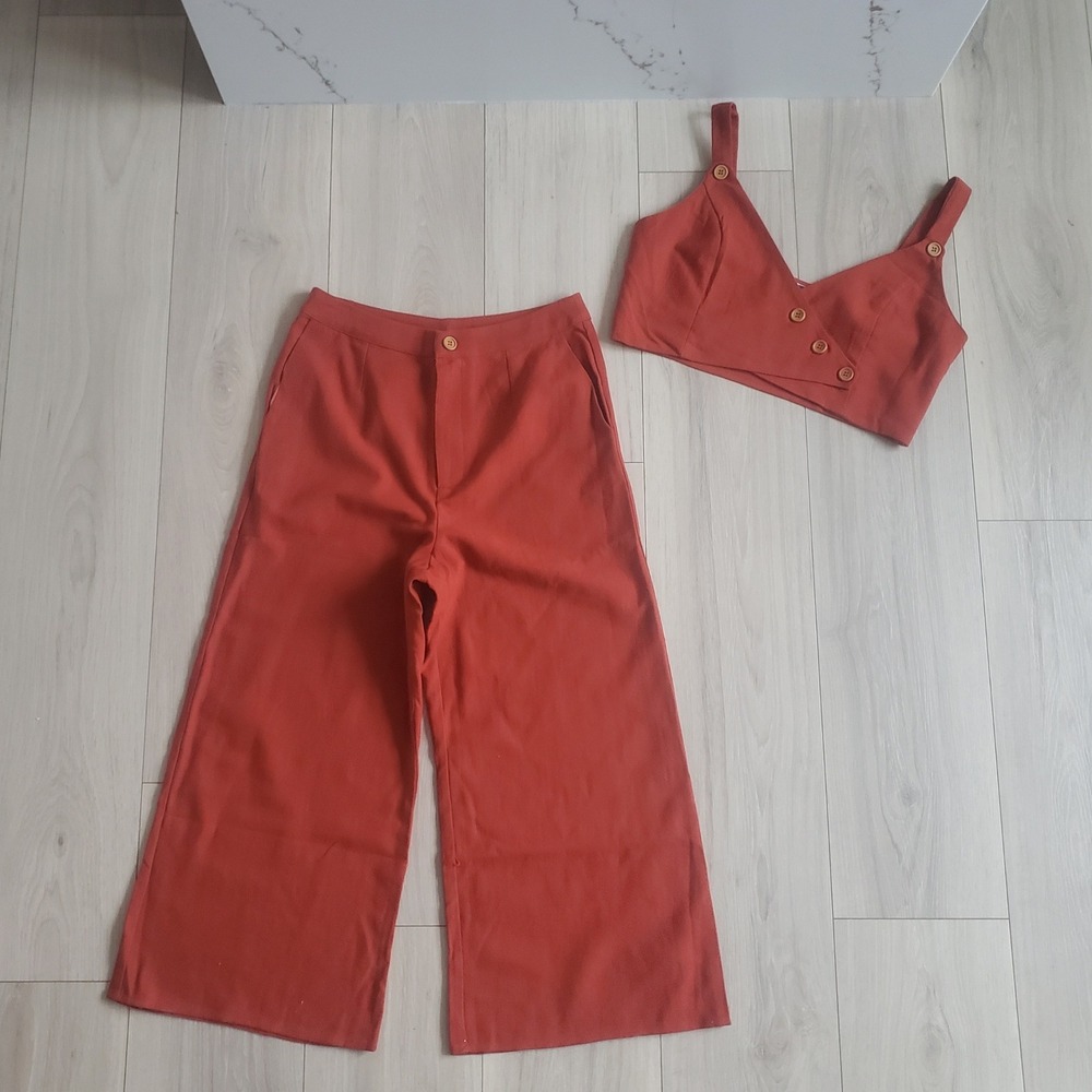 Blue Blush Suit Set Womens M Rust Orange Cotton Tank Wide Leg Pants